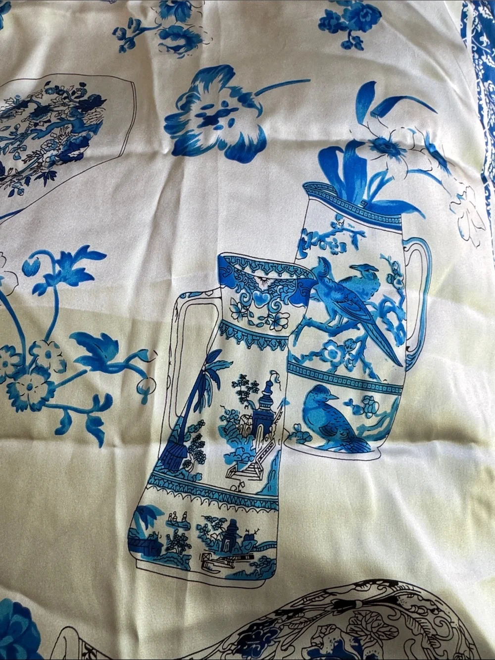 100% Silk Chinoiserie Scarf Blue & White Porcelain Print